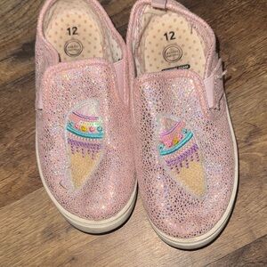 Girls Glitter Pink Slip-On Sneakers with Ice Cream Embroidered Patch